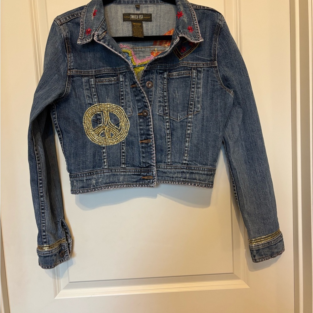 Denim Jacket with Peace Sign Embroidery